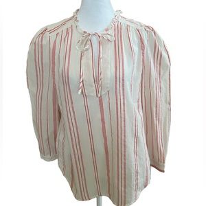 NWT LOFT Cream + Red Stripe Puff Long Sleeve Ruffle Cotton Summer Blouse XS